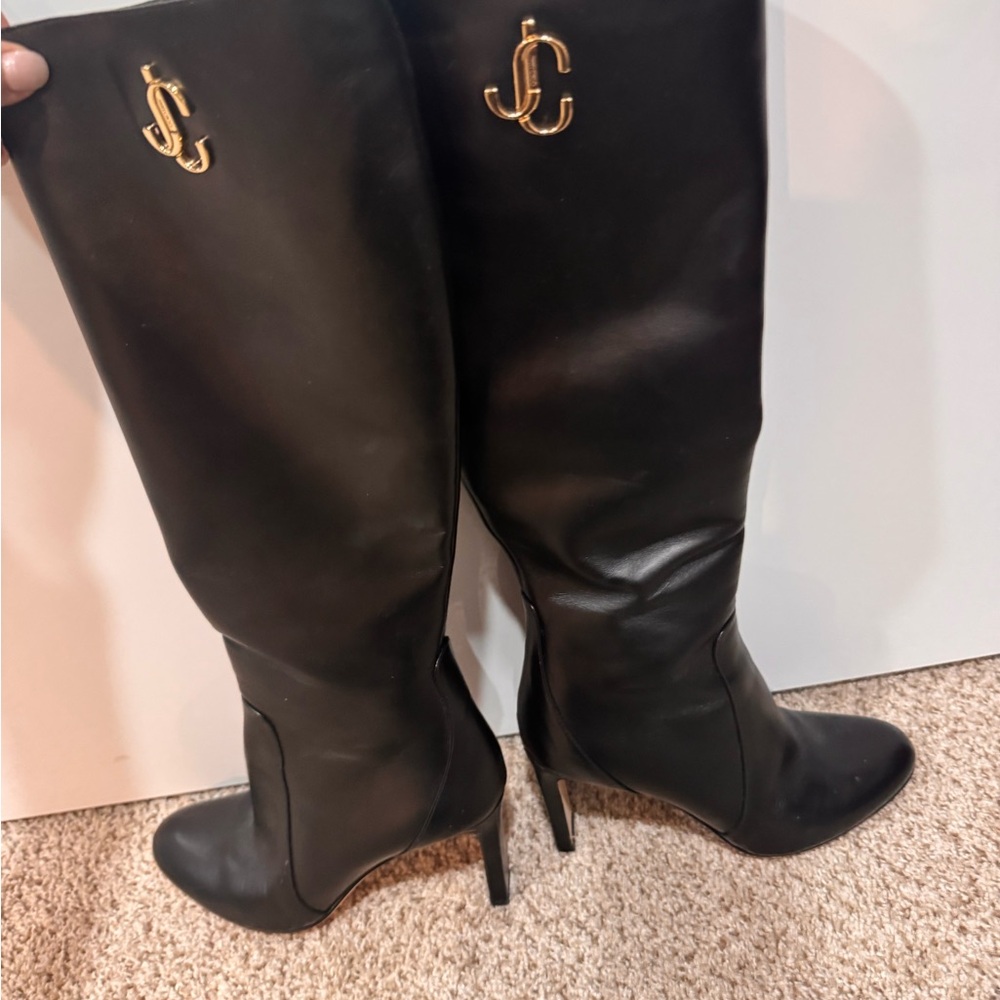 Jimmy Choo Black Heeled Boots with Gold Logo